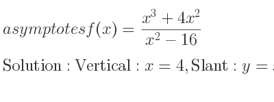 The asymptotes of f(x)=(x^3+4x^2)/(x^2-16) is Vertical: x=4,Slant: y=x+4